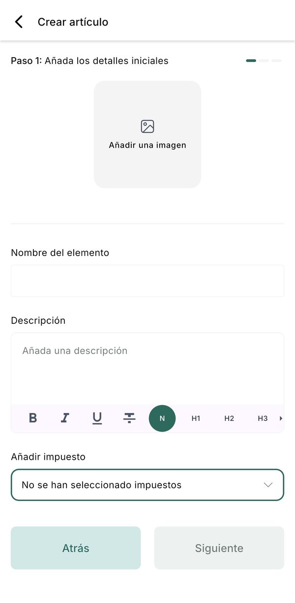 Create item, step 1: item name, description and tax