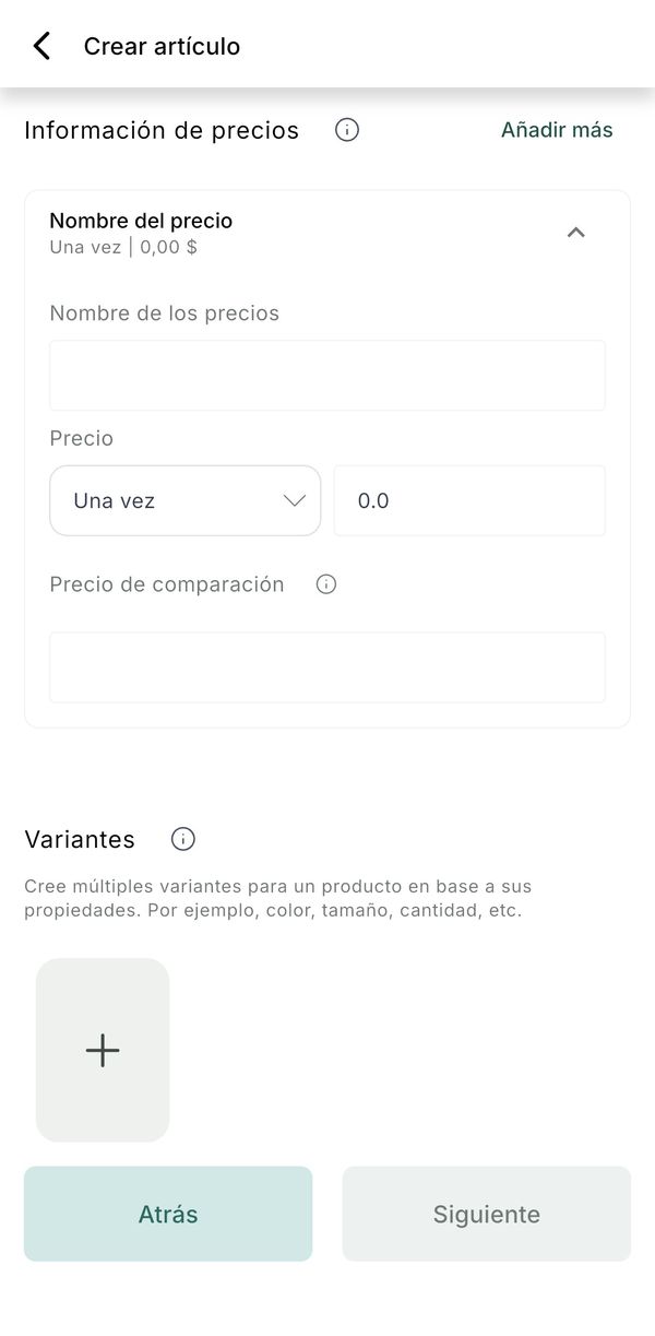 Create item, step 2: price name, one time, price