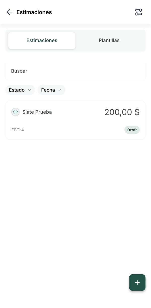 The Estimates list with a draft estimate and the plus button