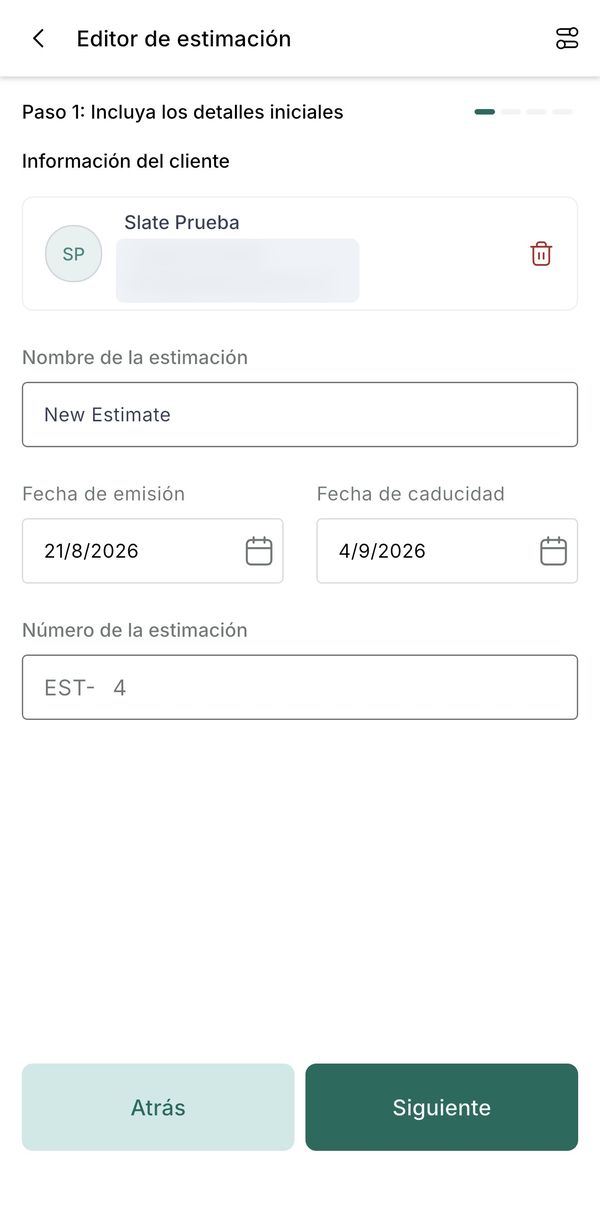 Estimate step 1: customer, name, dates and number