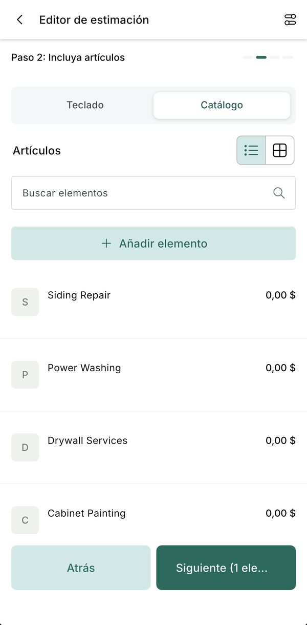 Estimate step 2, Catalog tab, with the product list to pick from