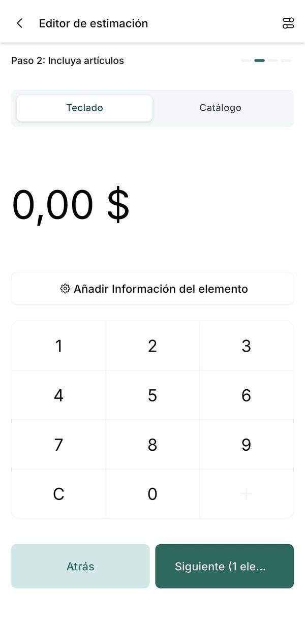 Estimate step 2, Keypad tab, amount at zero
