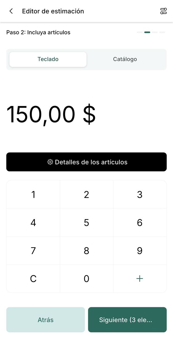 Estimate step 2 with 150 dollars typed and the Next button