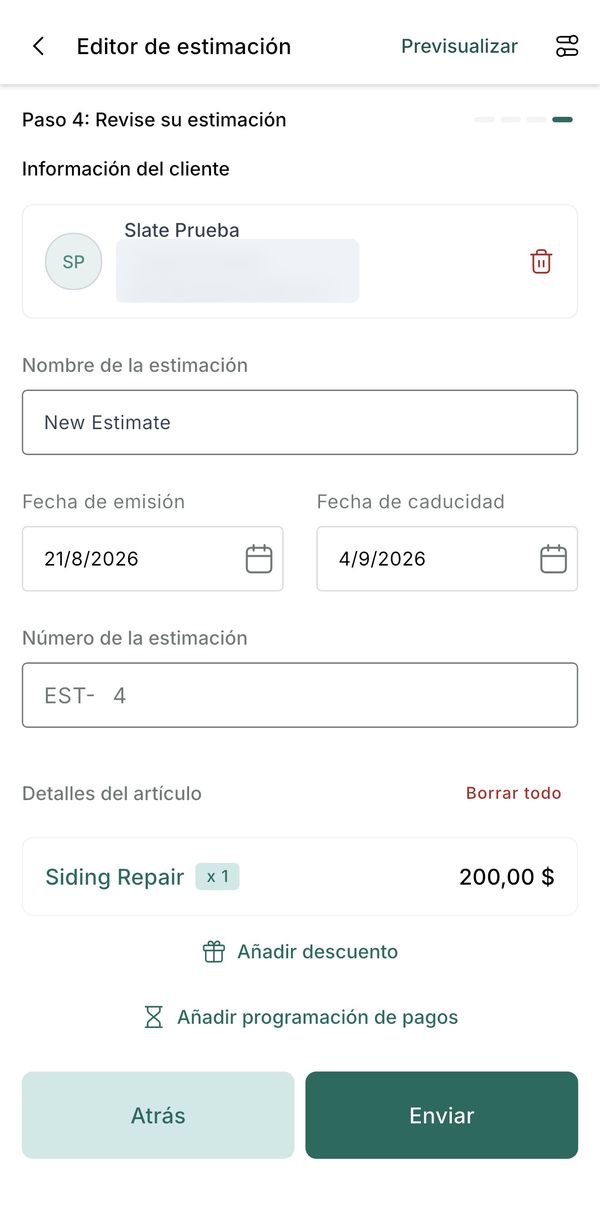 Estimate step 4: review the lines before sending