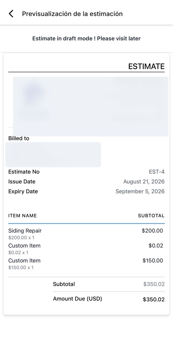 Estimate preview with the logo and the business details