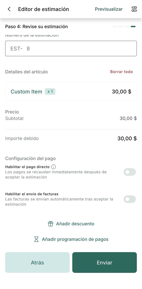Estimate step 4: payment settings with both switches off