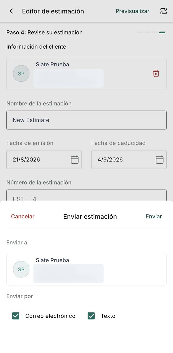 The Send estimate screen with the email and text options