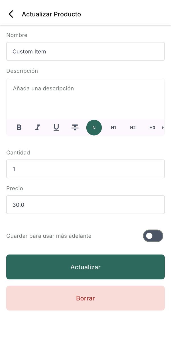 The Update Product screen with name, quantity, price and the Save for later switch