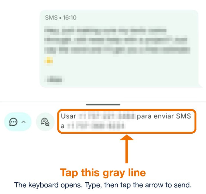 A chat in the app. At the bottom, the gray line that shows your number and theirs, circled in orange: tap it to type