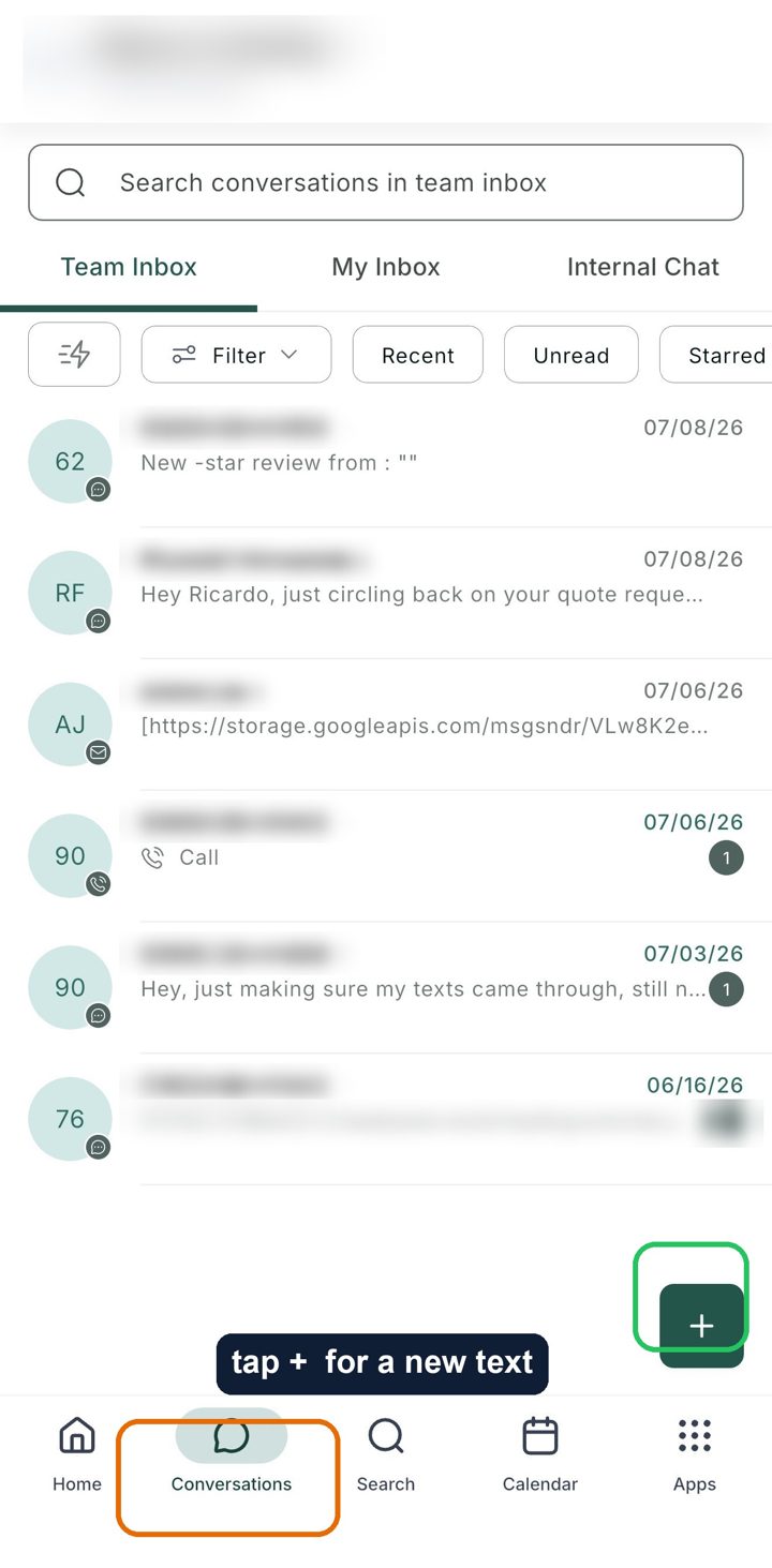 The Conversations screen with the Conversations tab and the new-message button marked