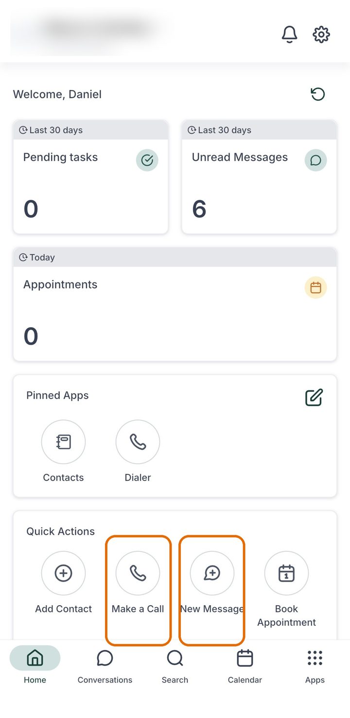 The app home screen with Make a Call and New Message marked