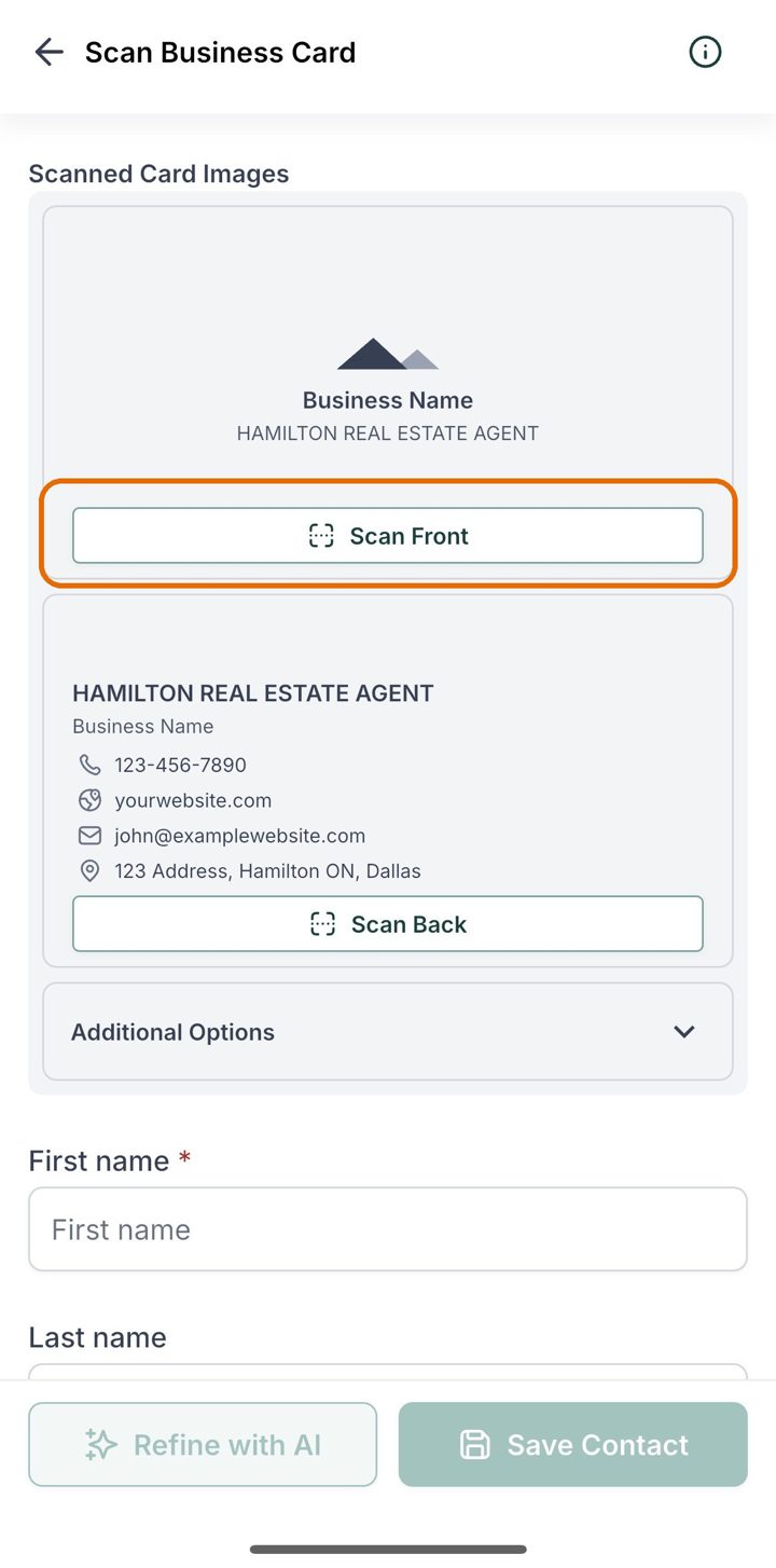 The scan business card screen