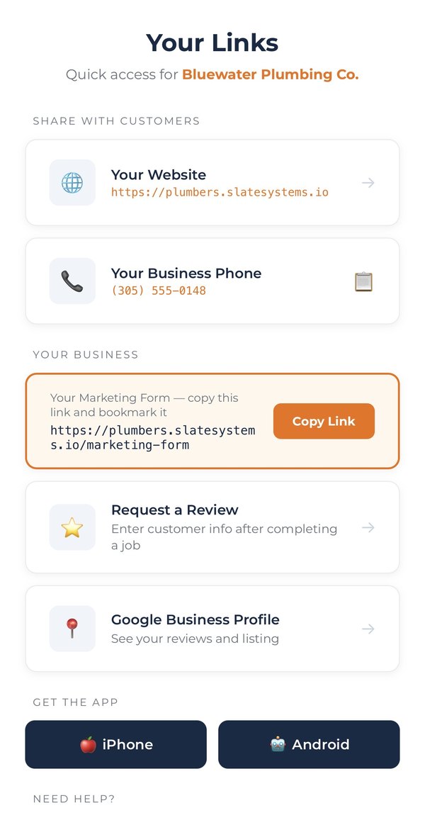 The My Links page with buttons for Your Website, Your Business Phone, Request a Review, Google Business Profile, and Get the App